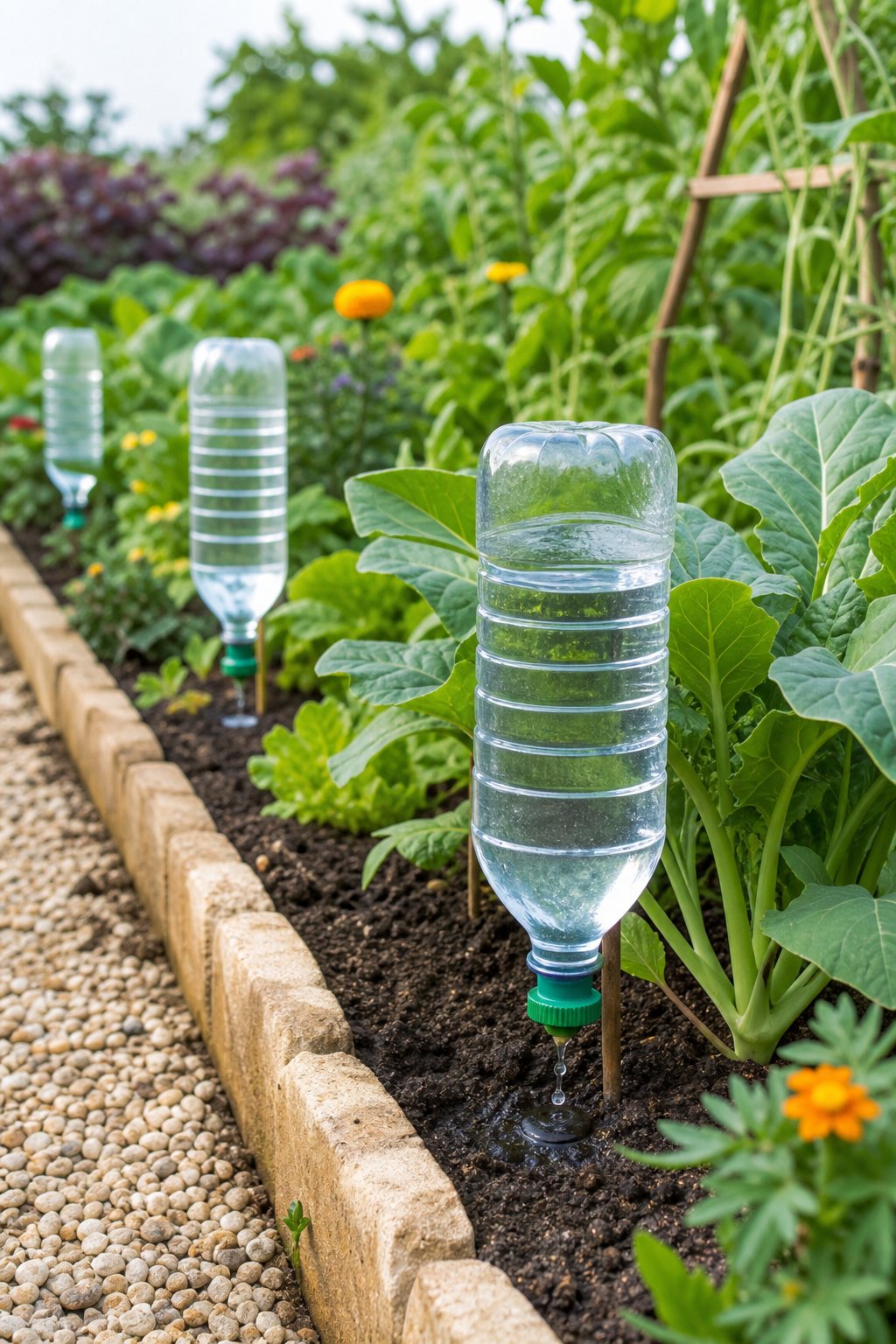 Plastic bottles slowly watering healthy plants in a landscaped garden.