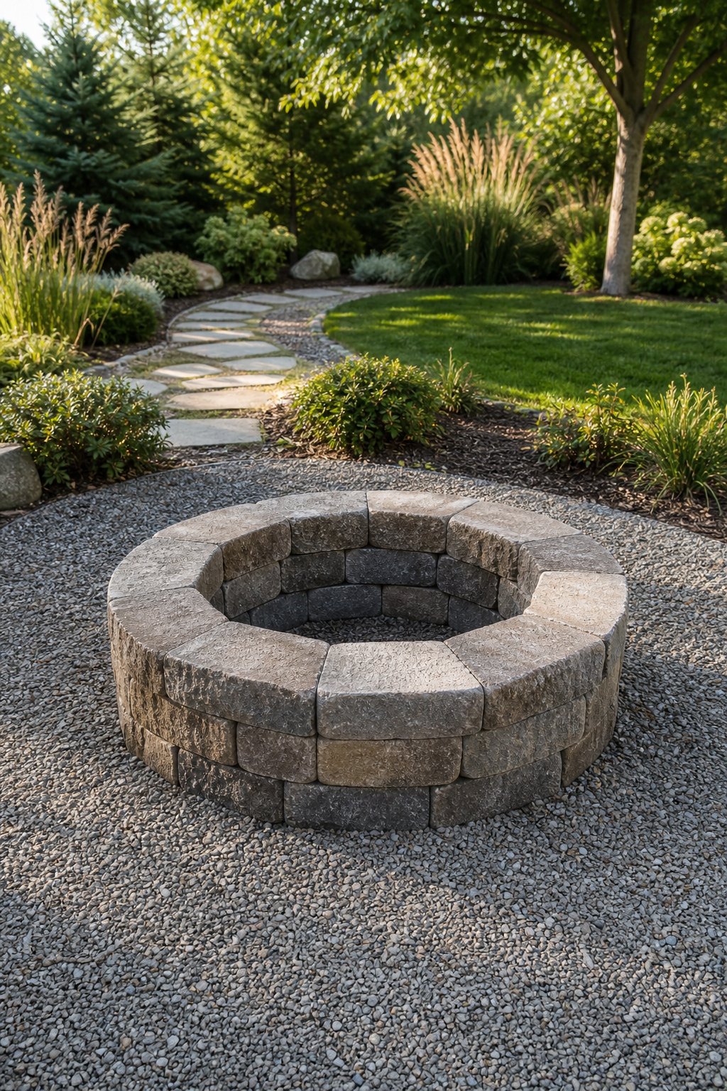A circular landscape-block fire pit surrounded by plants, gravel, and a neatly maintained garden.