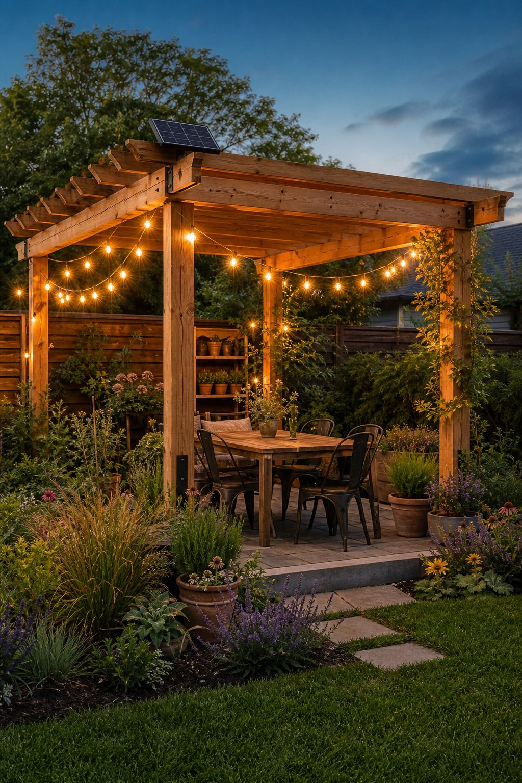 A landscaped backyard pergola decorated with softly glowing solar string lights.