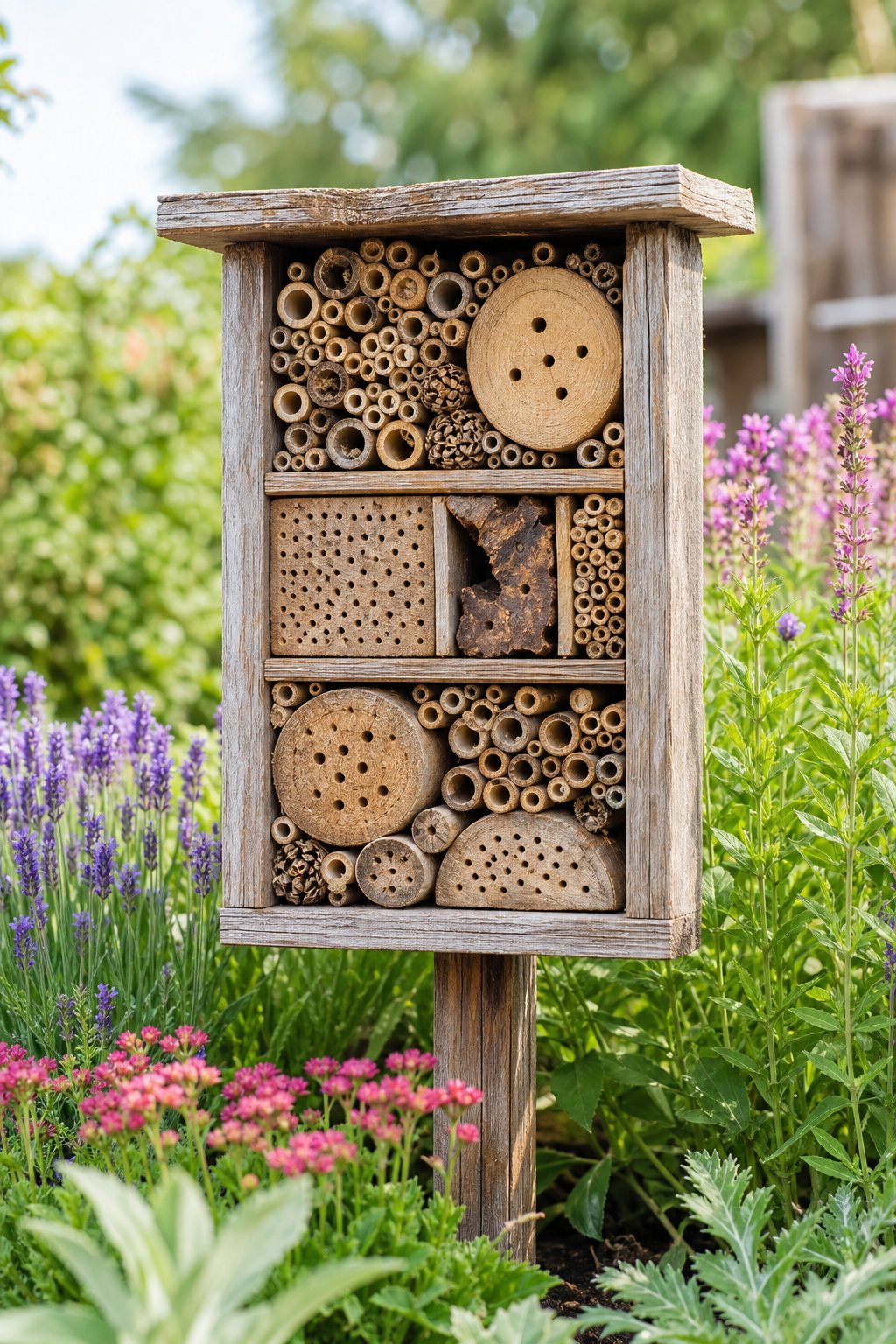 A handmade pollinator hotel made from bamboo canes and wood sits among flowering plants in a garden.
