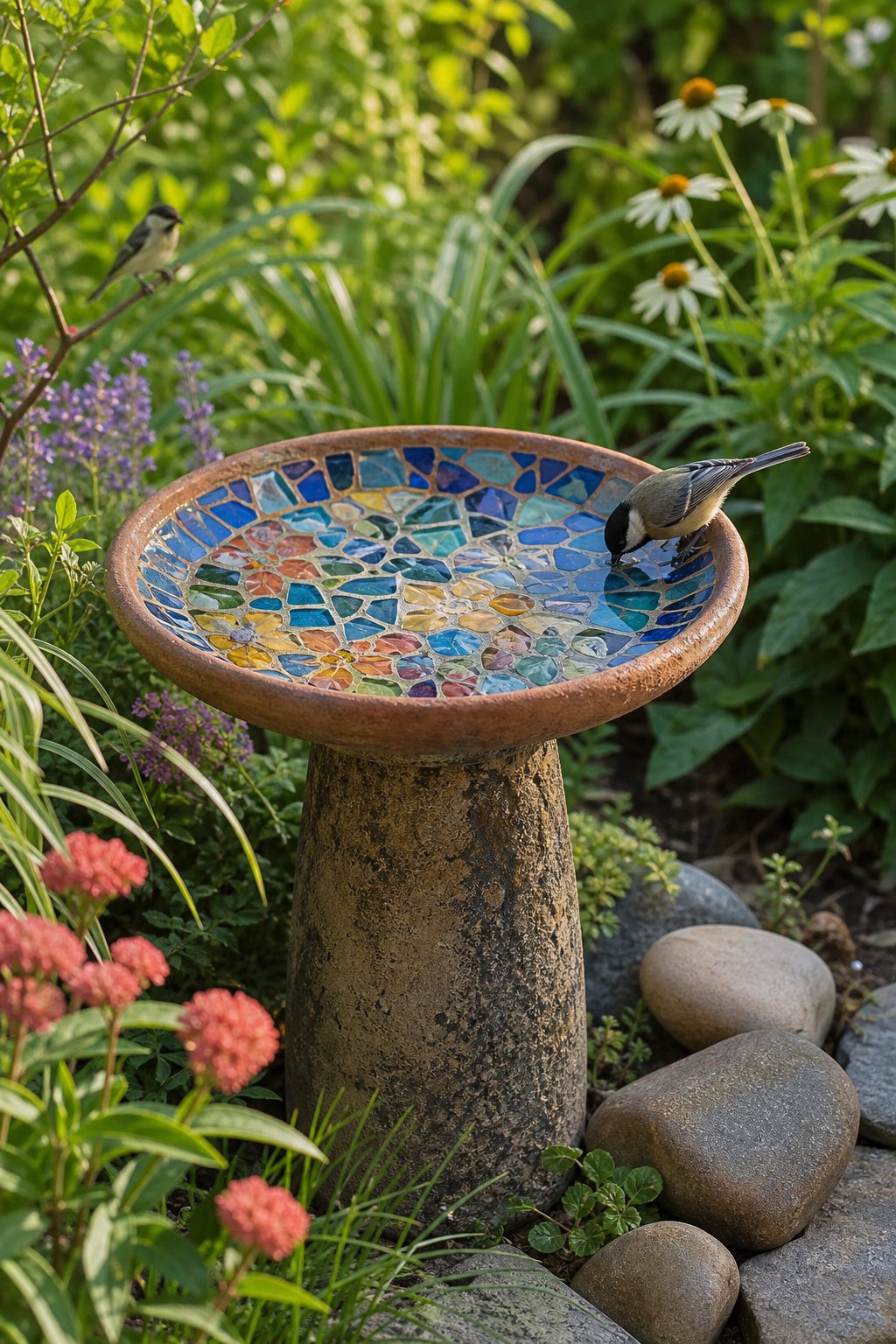 A colorful mosaic terracotta saucer birdbath sits among lush garden plants, with a small bird drinking from it.
