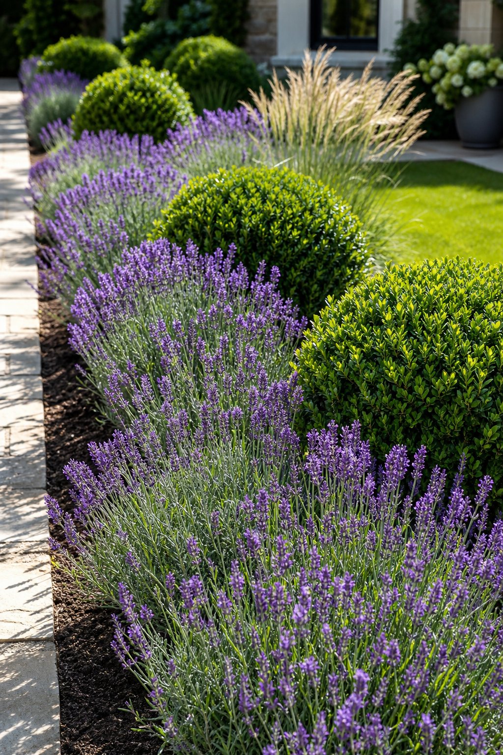 A garden path bordered by blooming lavender and neatly trimmed green boxwood shrubs.