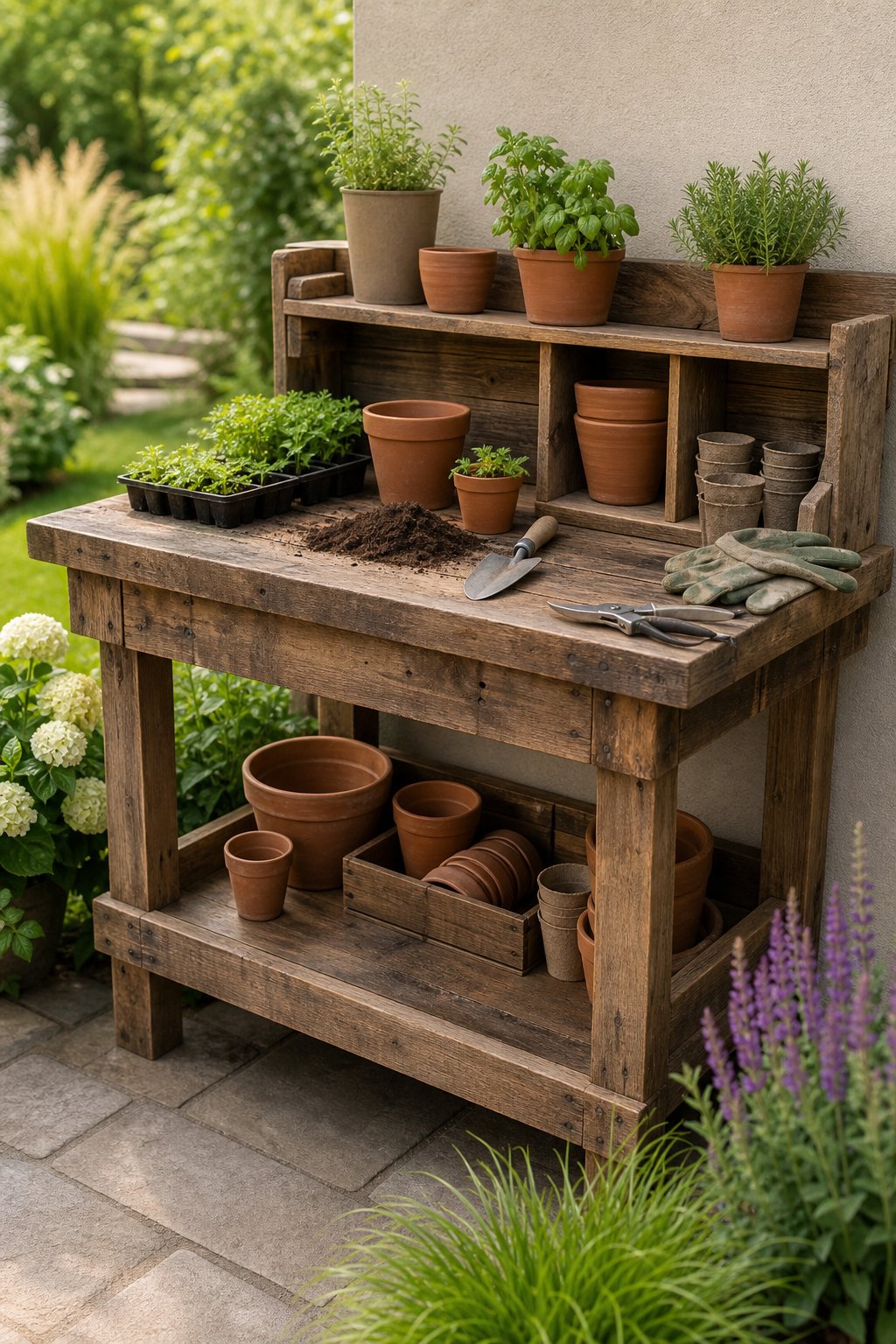 A reclaimed-wood potting bench surrounded by potted plants and gardening tools in a lush backyard garden.