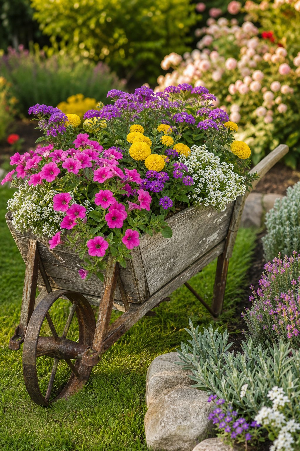 An old wooden wheelbarrow filled with colorful flowers in a lush garden.