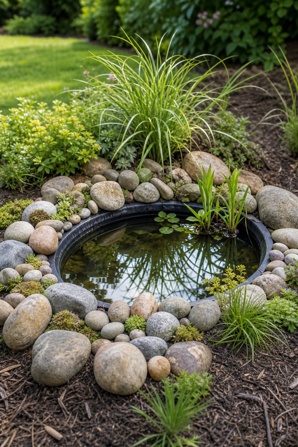 A small garden pond made from a tire and bordered with smooth river rocks and green plants.
