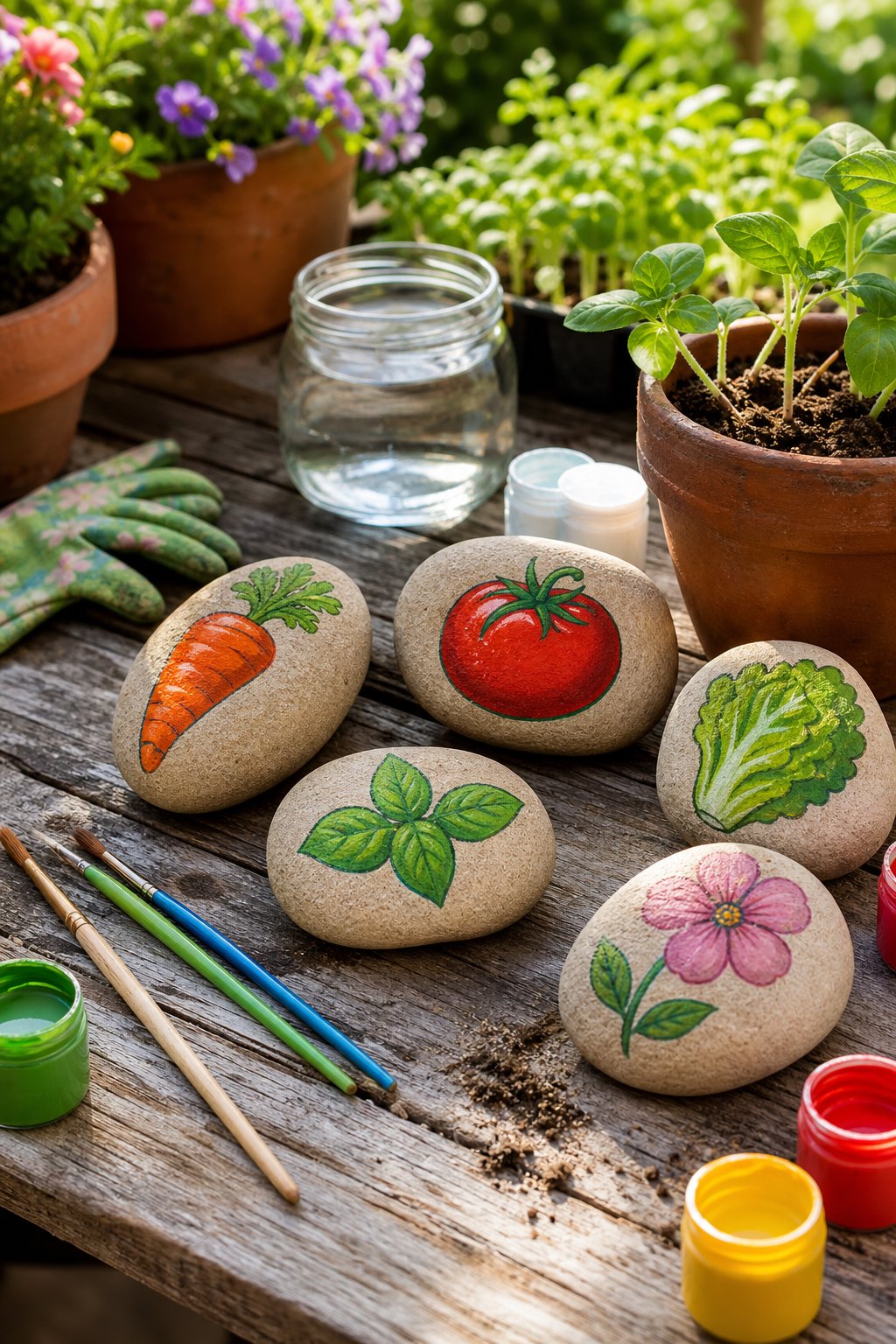 Painted garden stones with colorful plant symbols beside gardening supplies and young seedlings on a wooden workbench.