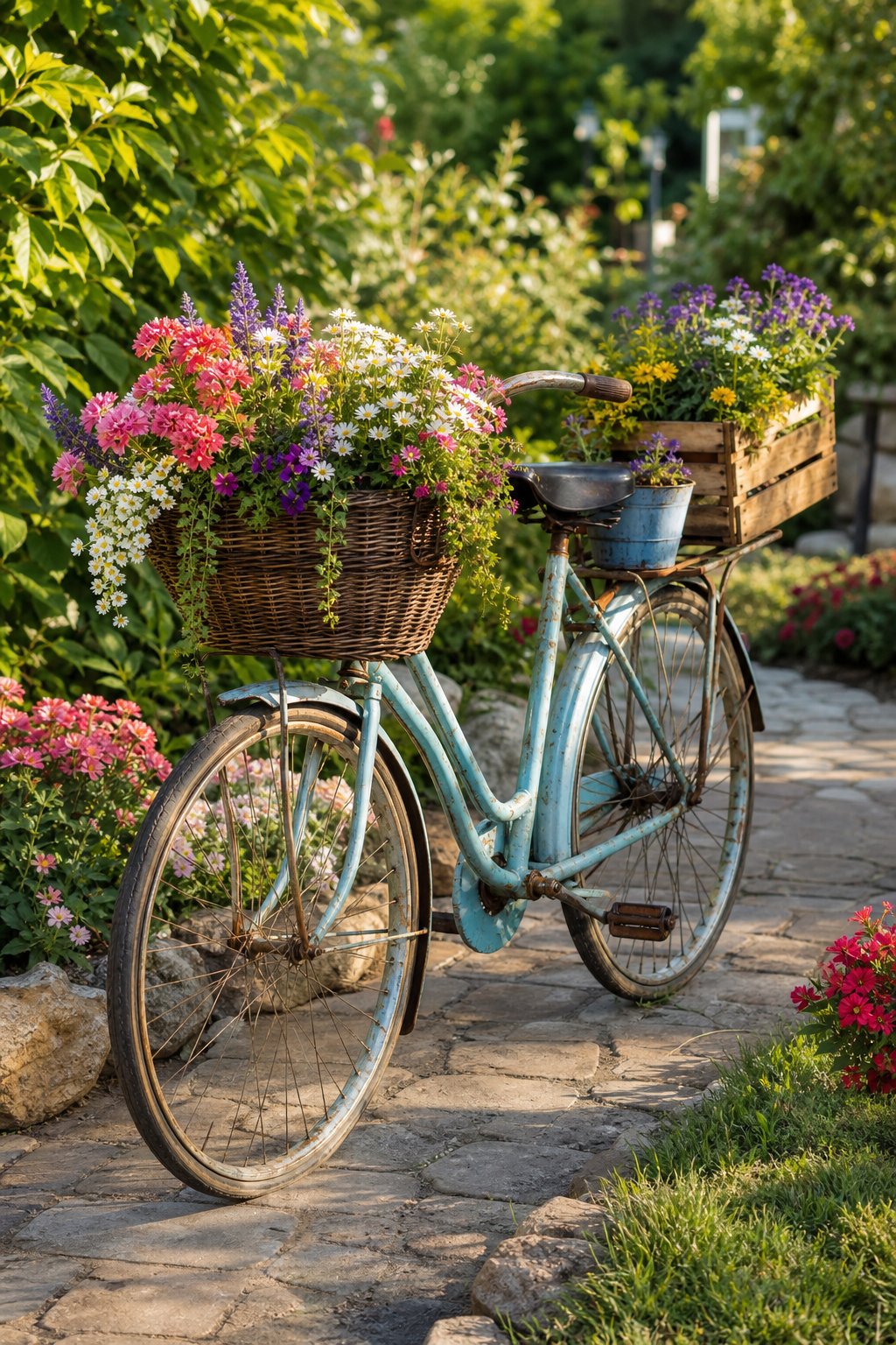A vintage bicycle filled with colorful flowers beside a landscaped garden path.