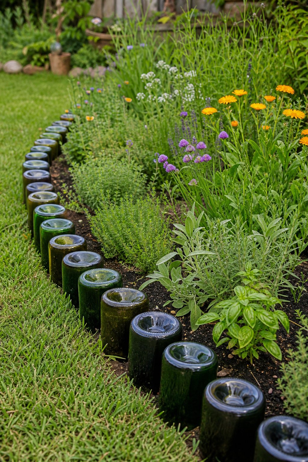 A garden bed bordered by recycled wine bottles with green plants and flowers.