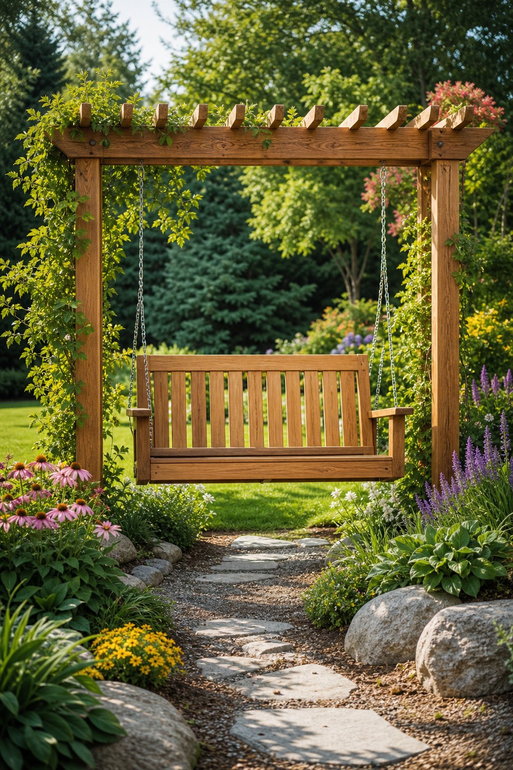 A wooden bench swing surrounded by flowering plants and landscaped garden beds.