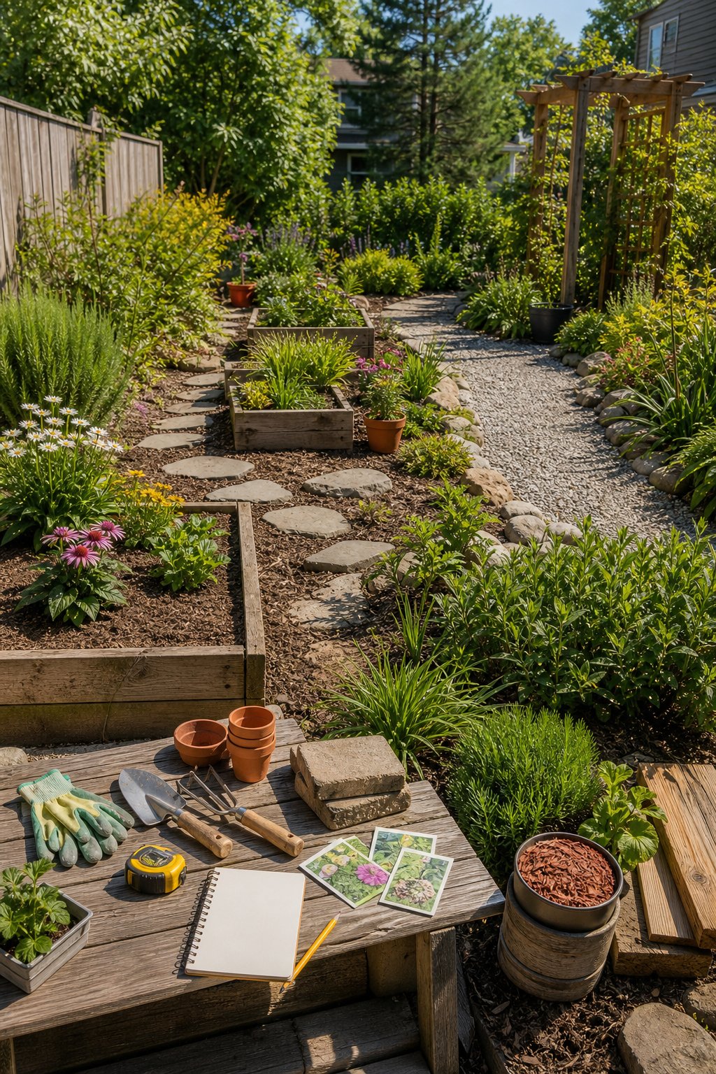 A sunny backyard garden with landscaped sections, planting beds, garden tools, pavers, pots, and planning materials.
