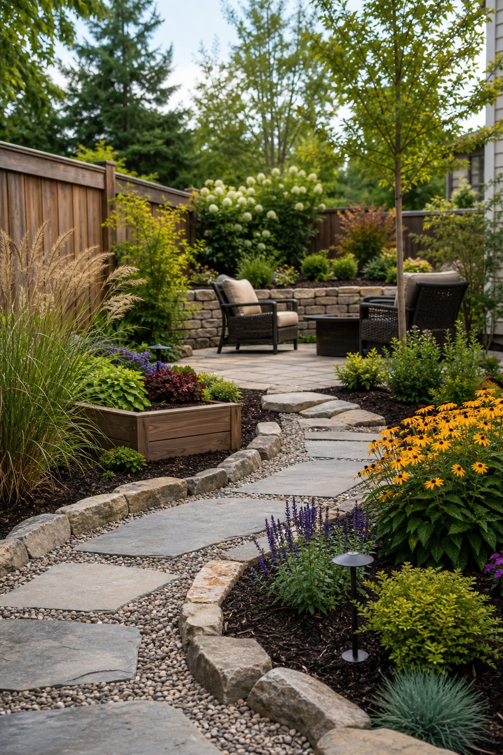 A landscaped backyard with durable stone paths, raised garden beds, outdoor seating, and colorful plants.