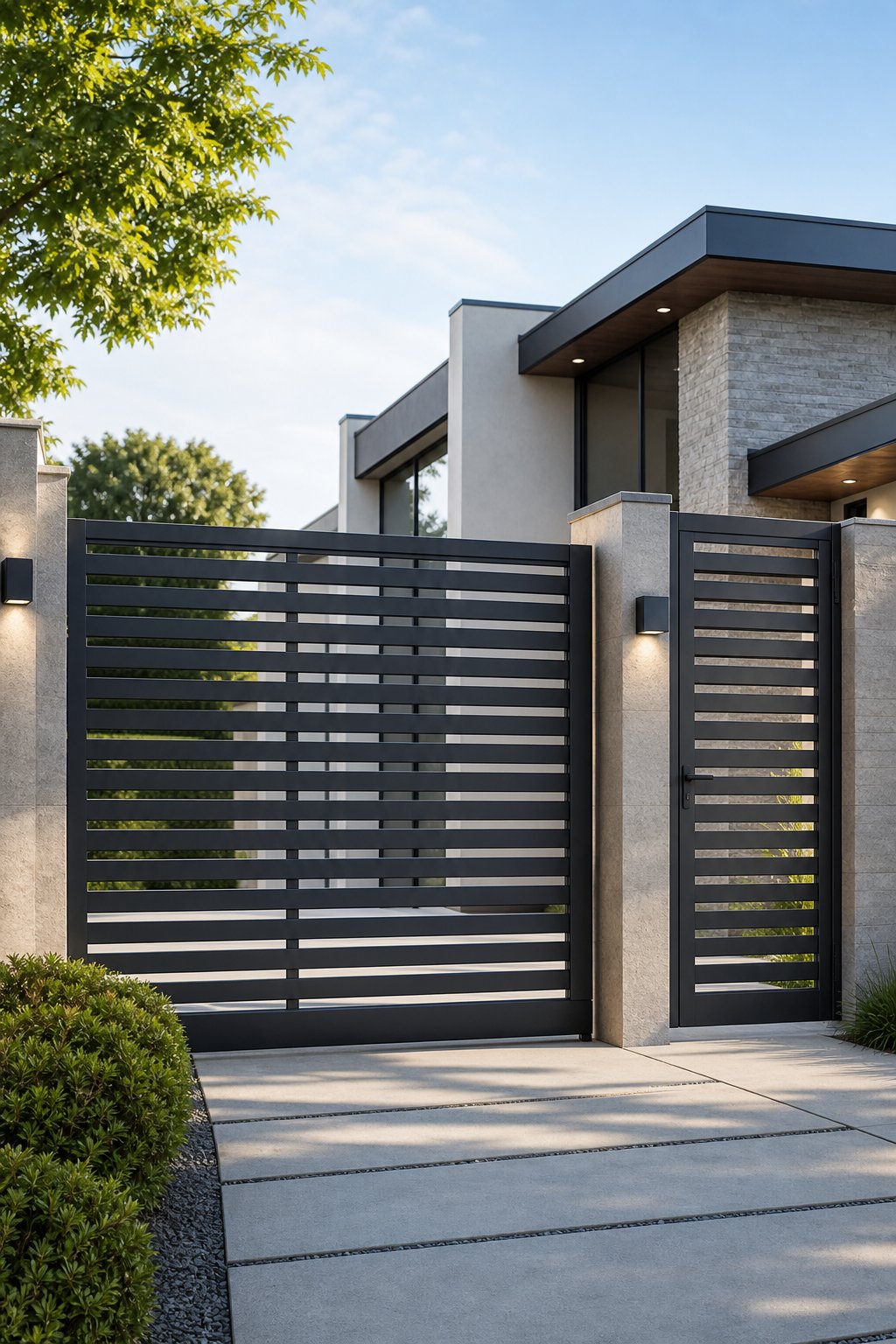 Modern home entrance with a dark horizontal-slat metal gate.