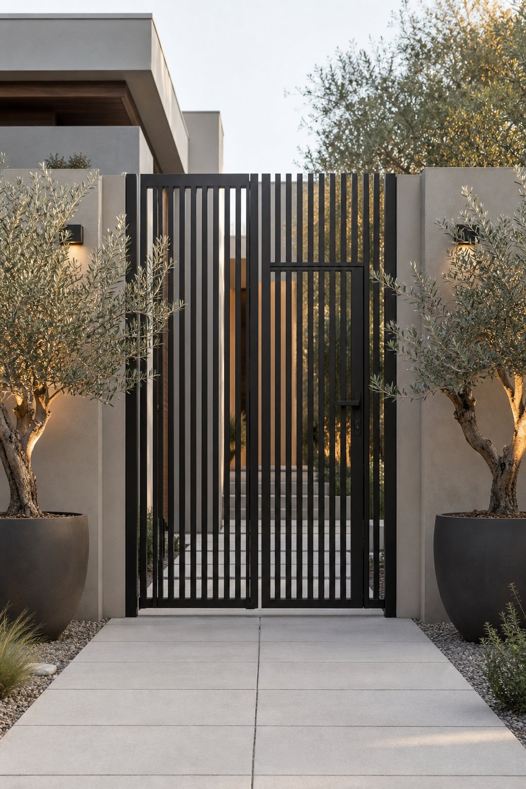 A black vertical metal-slat gate flanked by olive trees in planters at a modern home entrance.