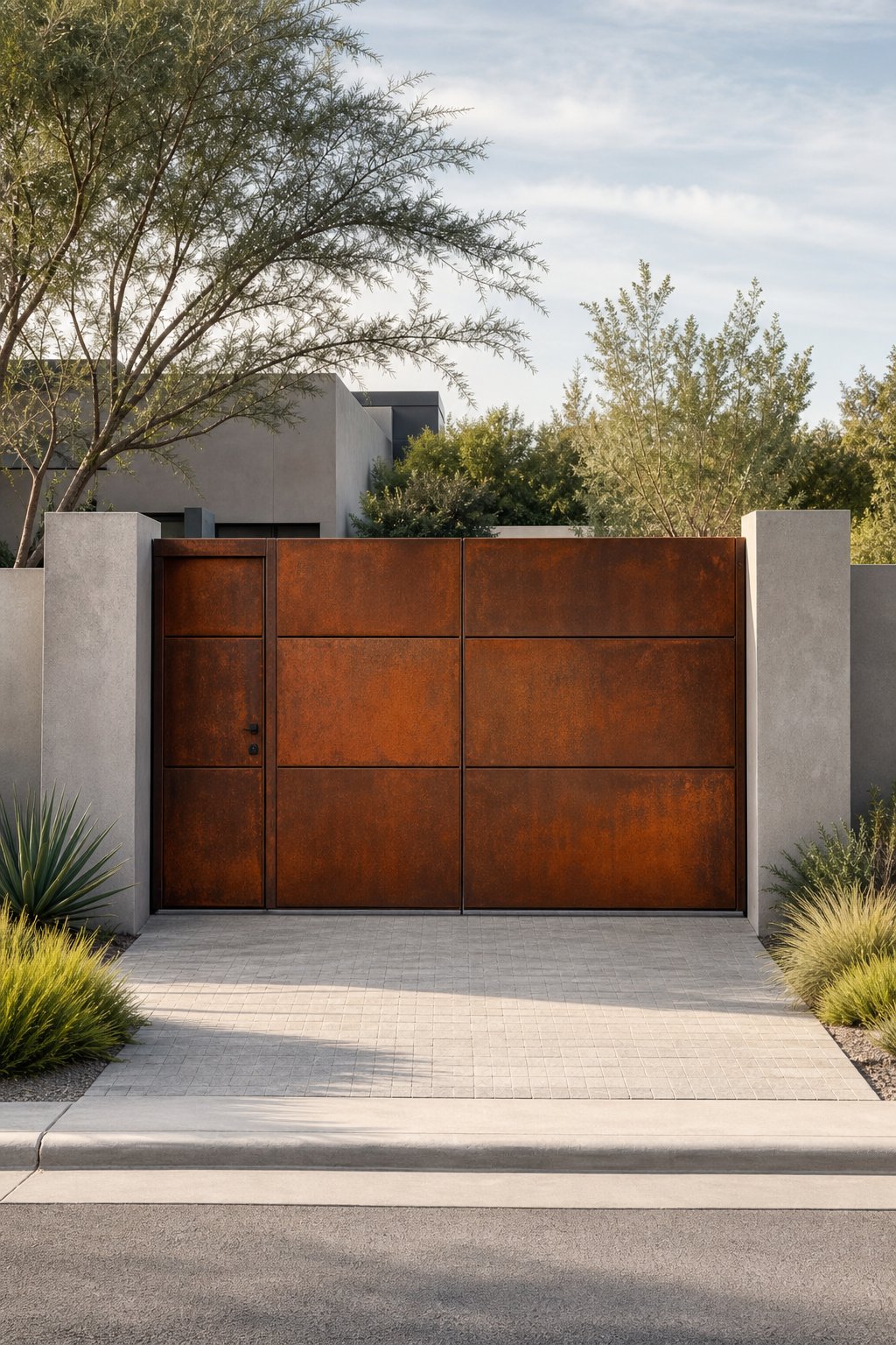 A rust-colored steel front gate between two concrete pillars at a modern home entrance.