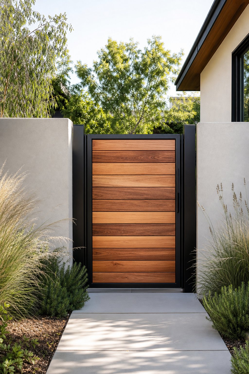 A warm cedar wood front gate framed by black steel, set in a landscaped modern home entrance.