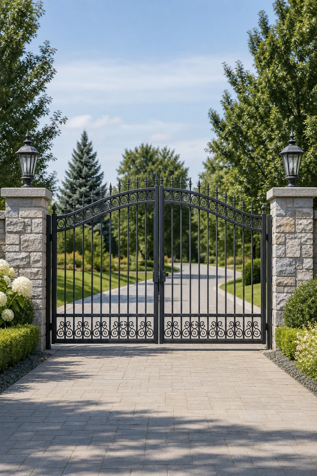A dark wrought-iron swing gate with pointed pickets between stone pillars at a landscaped home entrance.