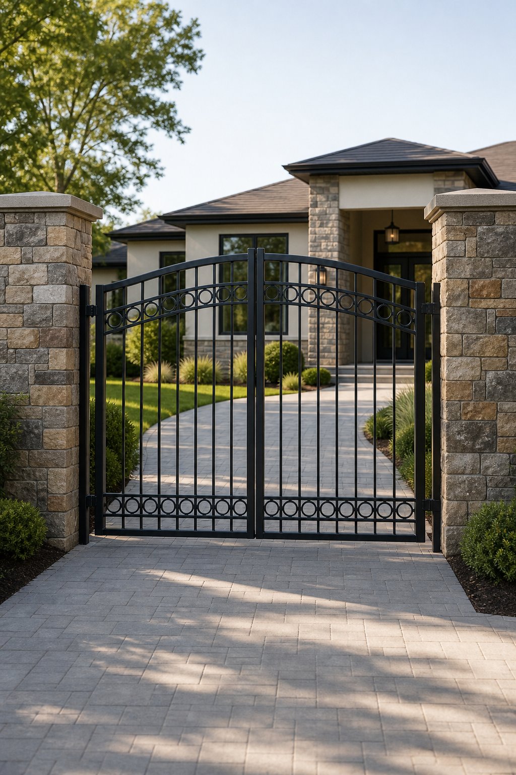 Stone-clad pillars frame a black metal gate at the entrance of a landscaped home.
