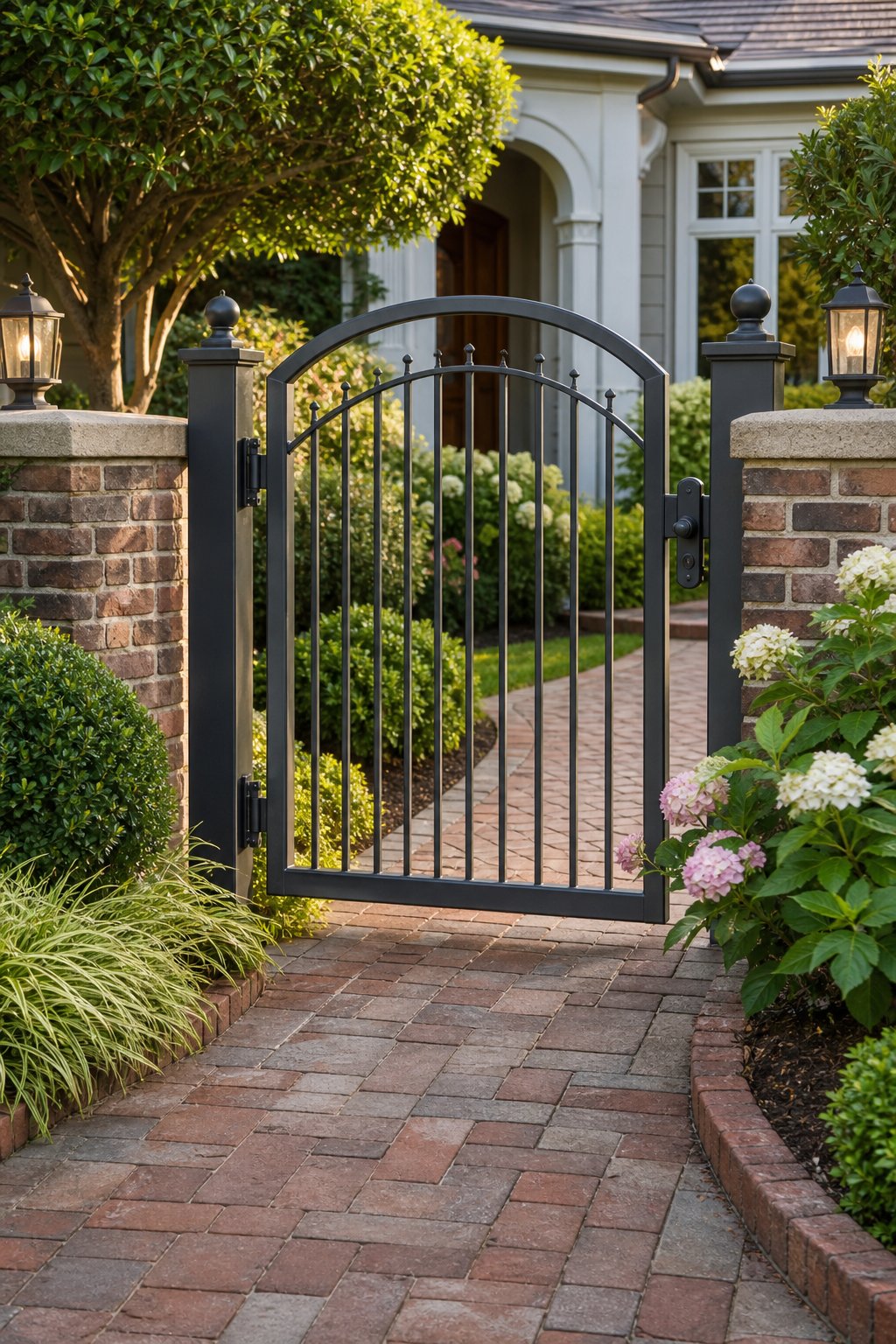 A brick paver walkway leads to an arched steel garden gate surrounded by landscaped greenery.