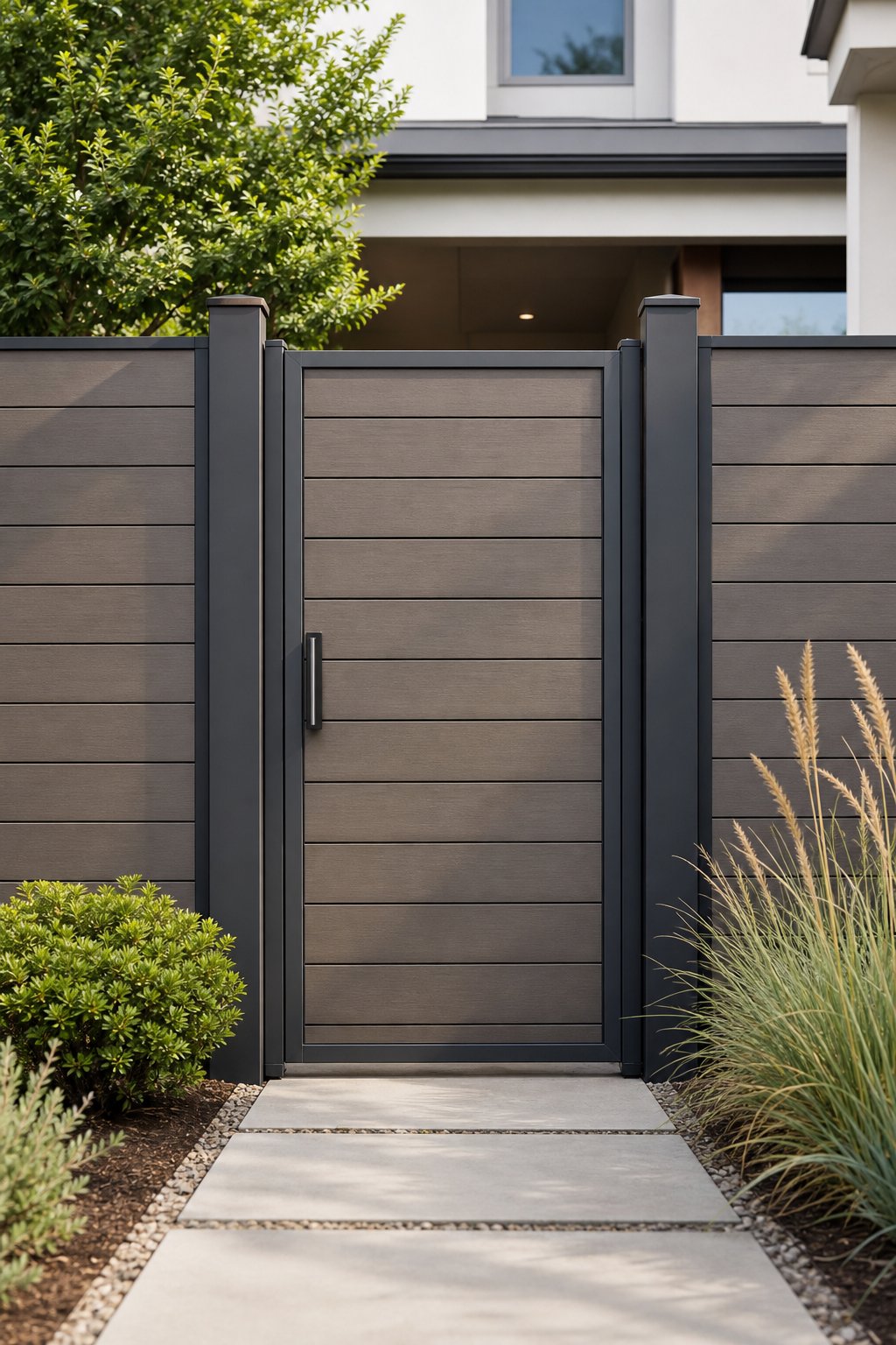 A closed privacy gate with horizontal composite boards in a charcoal frame at a modern home entrance.
