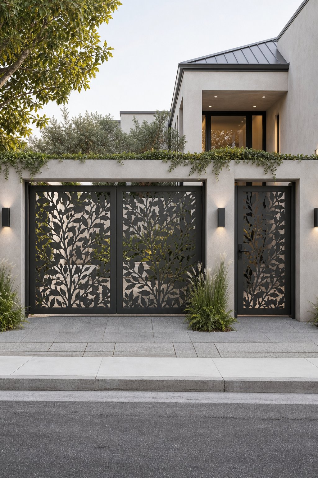 A dark steel front gate with a botanical cutout pattern set into a modern entrance wall.