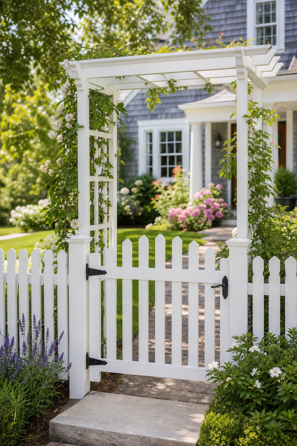 A white picket gate beneath a matching arbor at the entrance to a landscaped front garden.