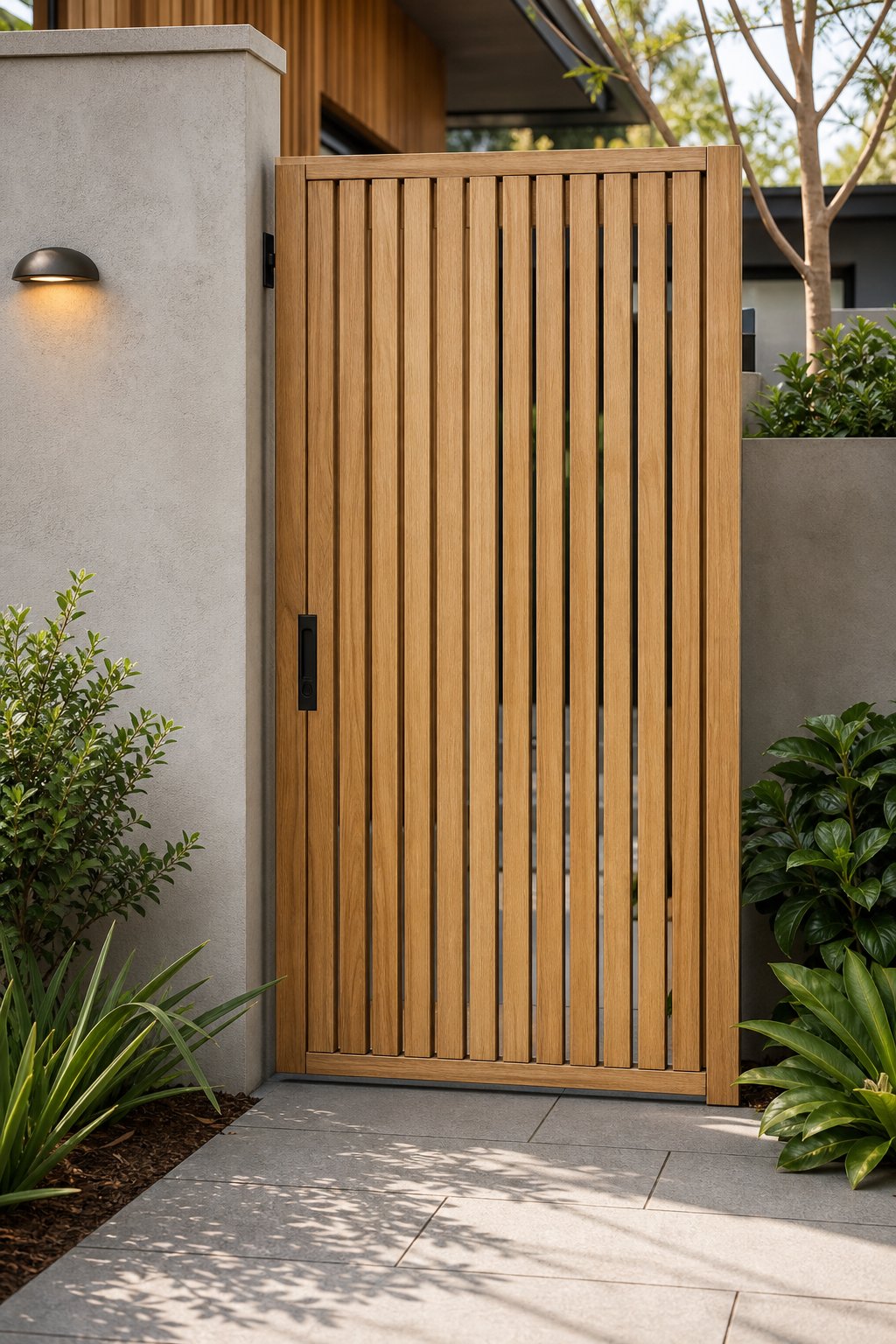 A natural timber batten front gate with a flush pull handle at a modern home entrance.