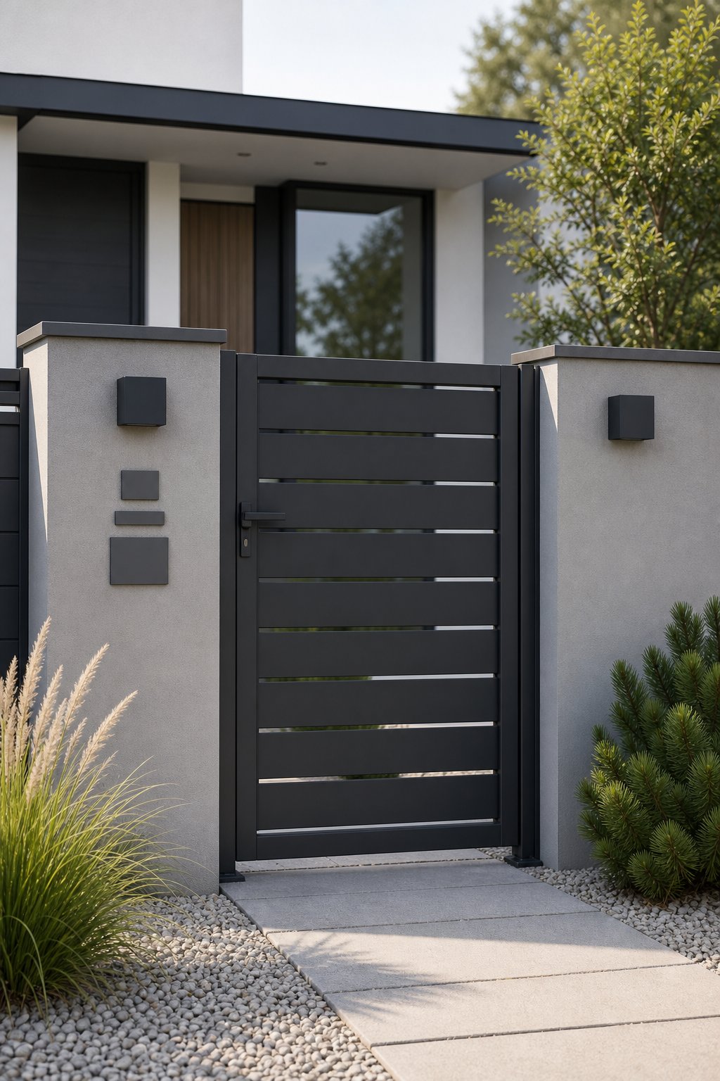 Modern aluminum pedestrian gate at the entrance of a landscaped home.
