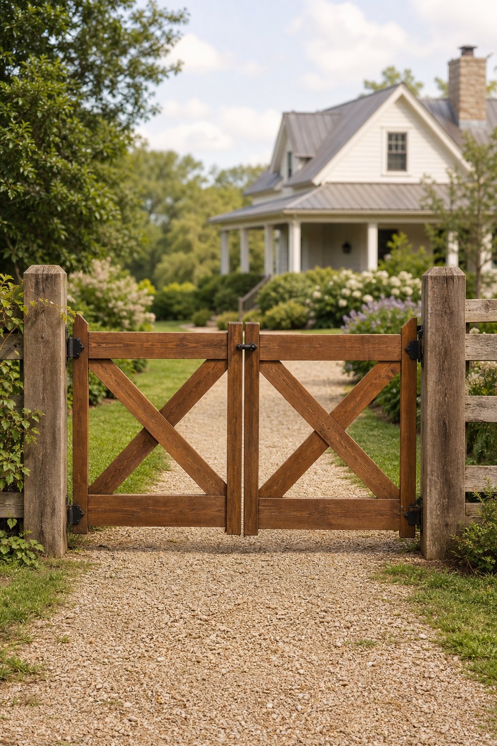 A stained wood crossbuck gate at the entrance to a landscaped farmhouse property.