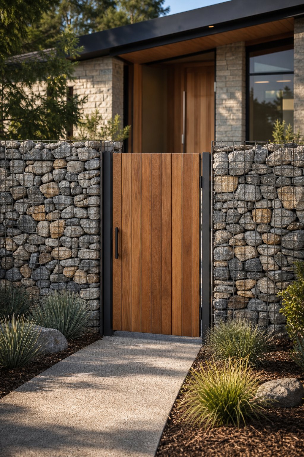 A timber gate set within a stone-filled gabion wall beside a landscaped front pathway.