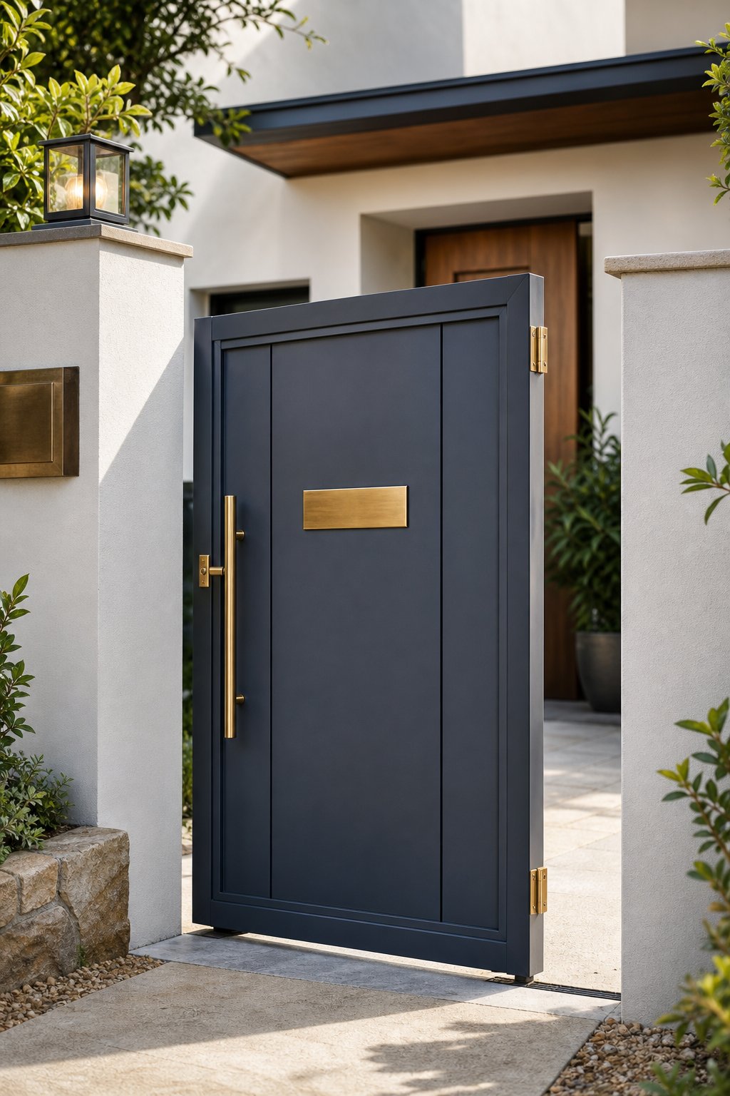 A painted steel front gate with brass hardware at a landscaped residential entrance.