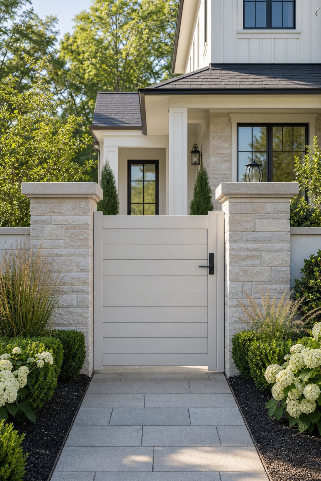 A white vinyl front gate between stone columns leads to a landscaped residential entrance.