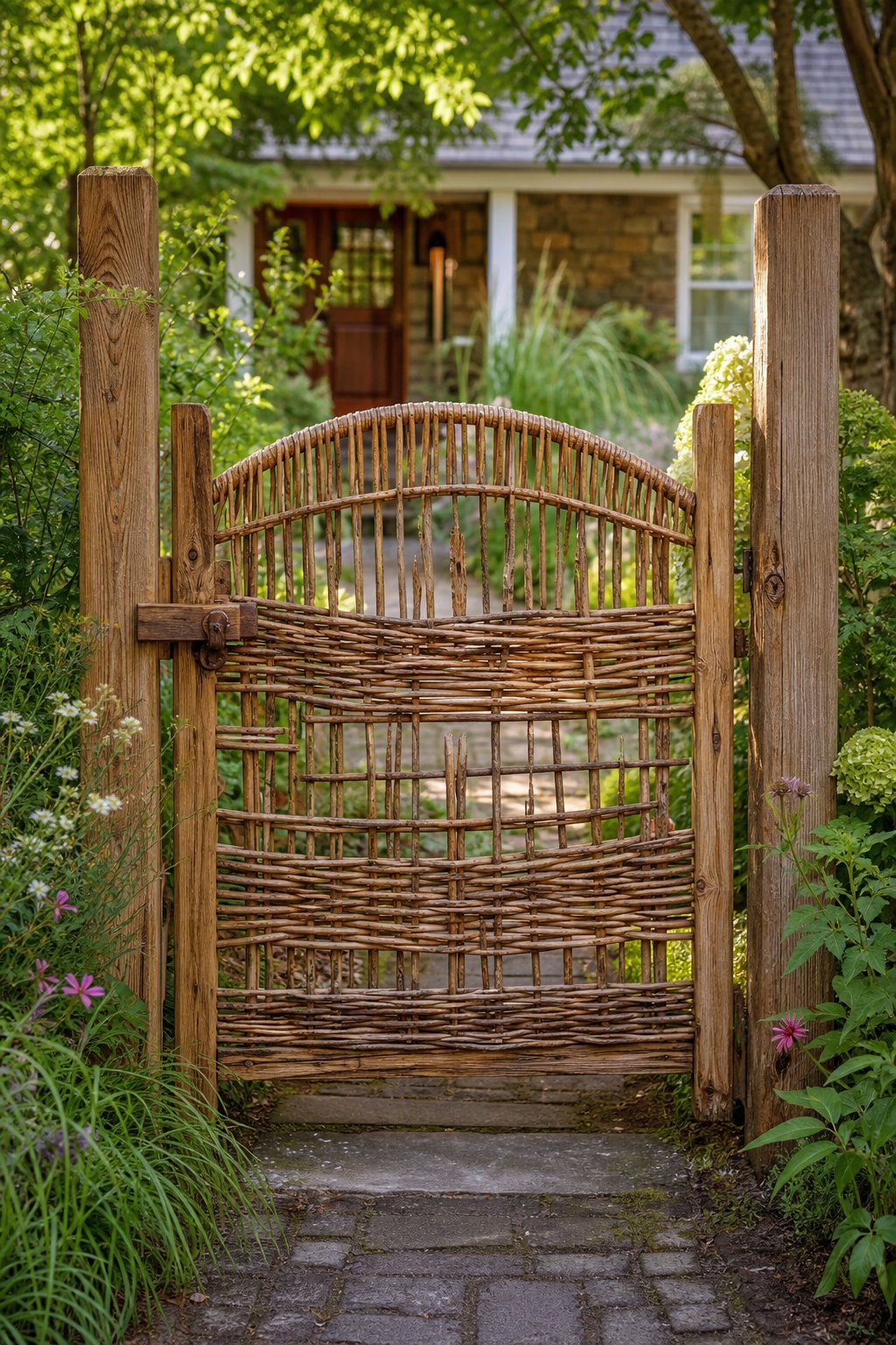 A woven willow garden gate stands between rustic timber posts at the entrance to a leafy garden.