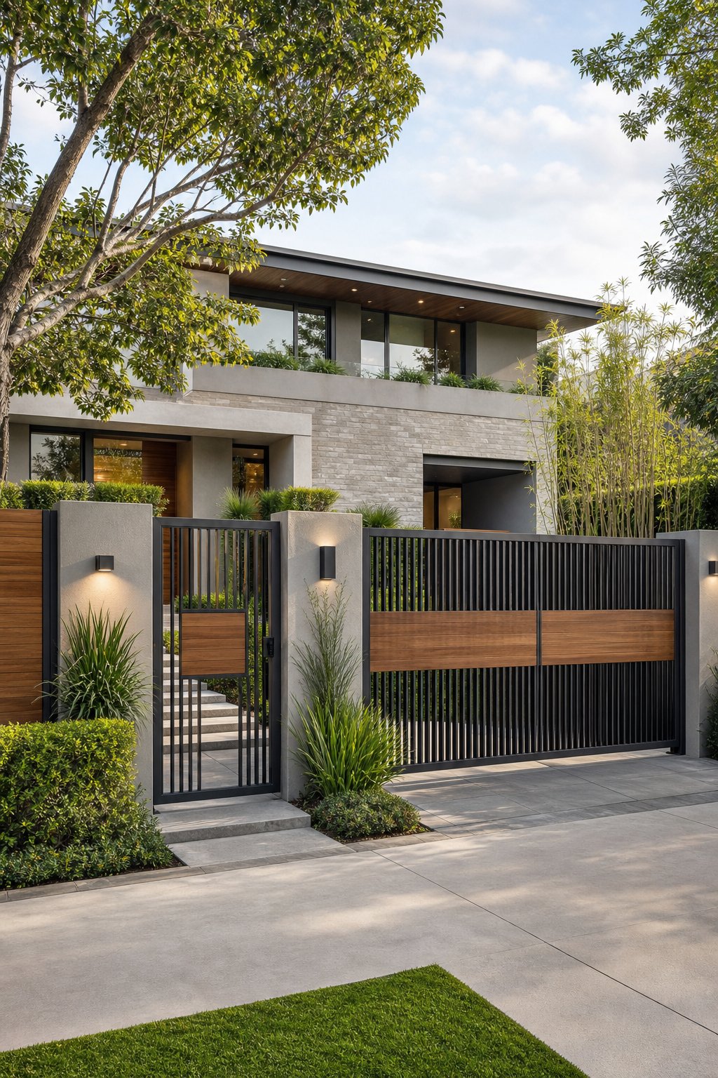 A landscaped modern home entrance with a stylish metal and wood front gate.