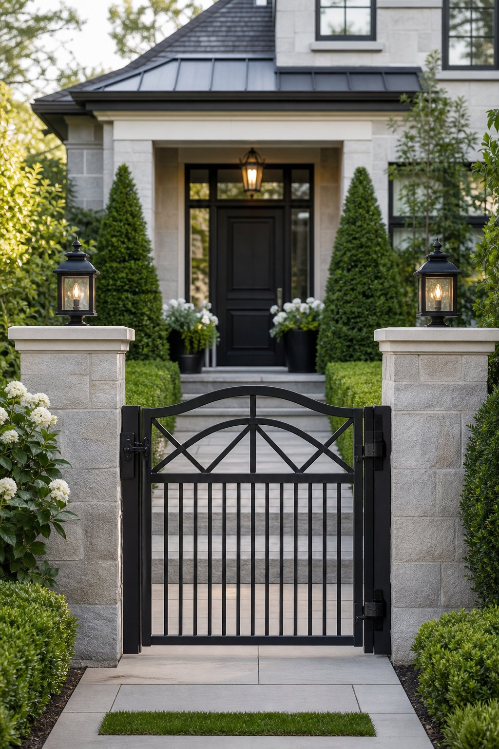 A refined residential front gate with finished hardware, neat landscaping, and a pathway leading to the home.