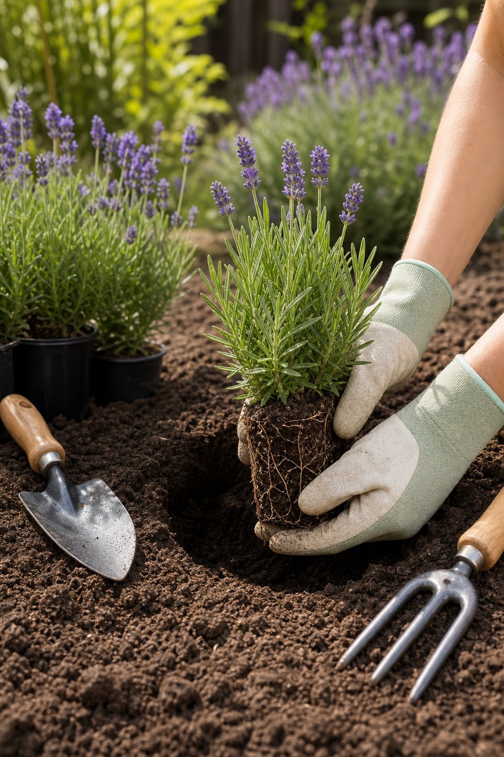 Gloved hands planting a young lavender seedling in garden soil.