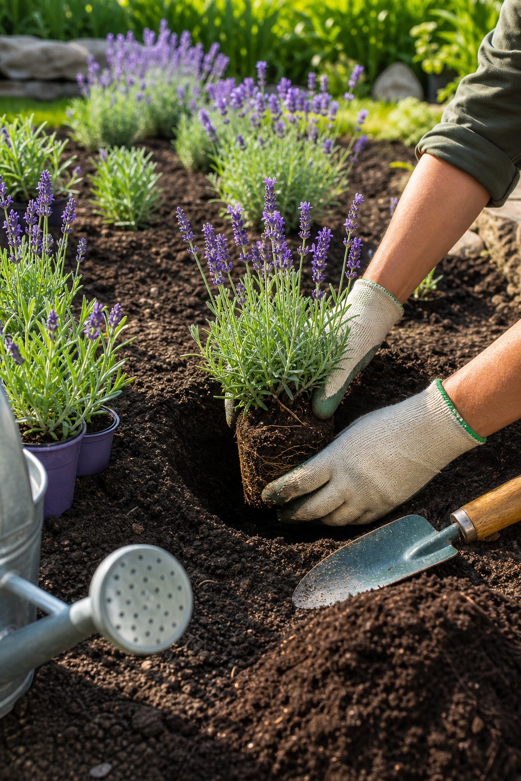 A gardener plants a lavender seedling in a prepared garden bed surrounded by gardening tools and young lavender plants.