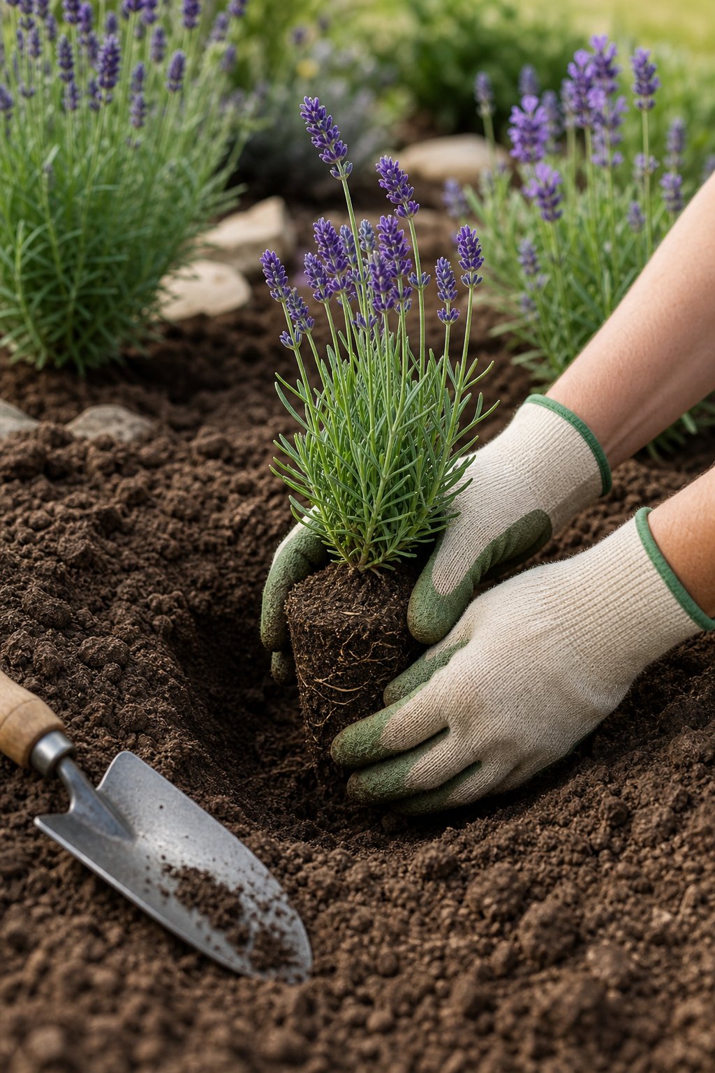 Gloved hands planting a young lavender plant in a garden bed.