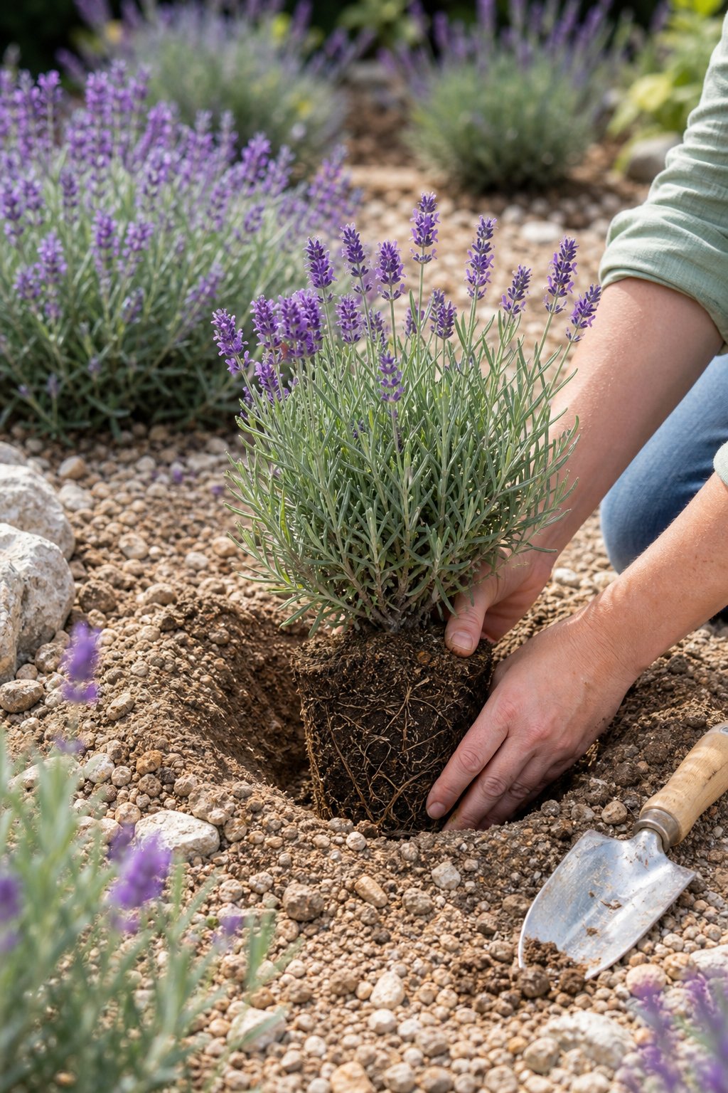 A gardener plants a young lavender plant in loose, well-draining soil.