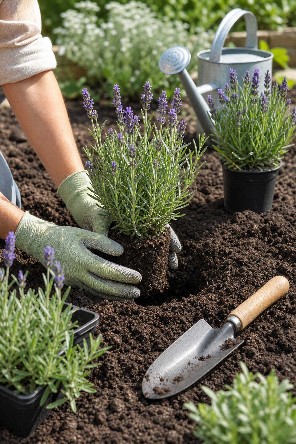 A gardener plants a young lavender seedling in a prepared garden bed.