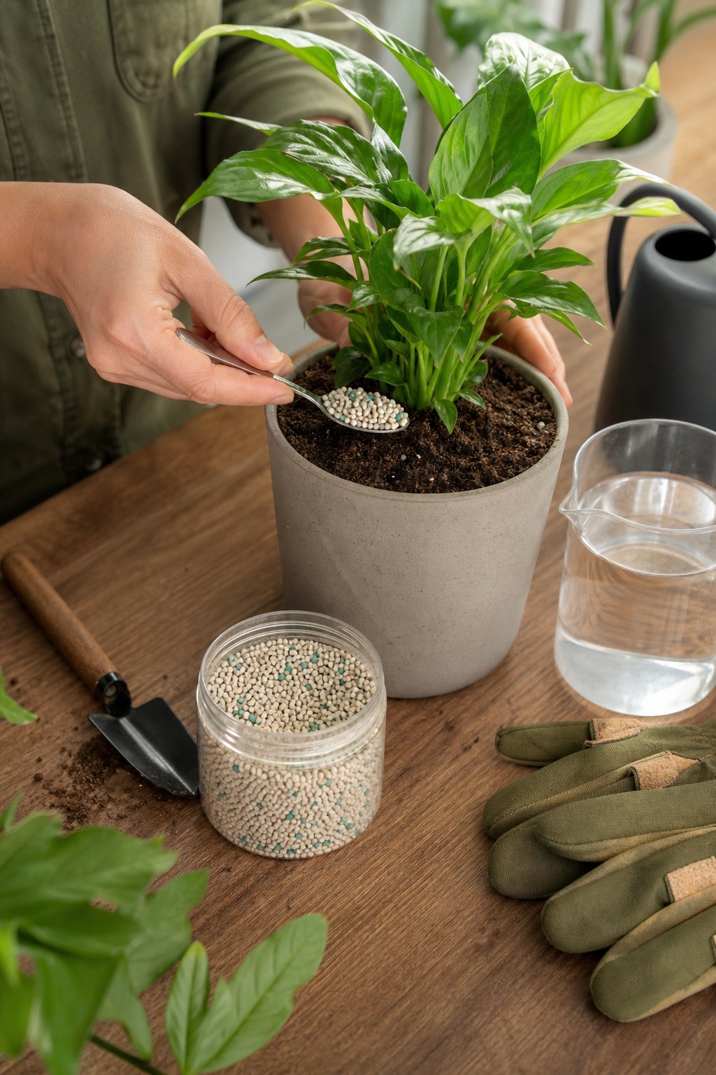 A gardener measures fertilizer beside a healthy potted plant.