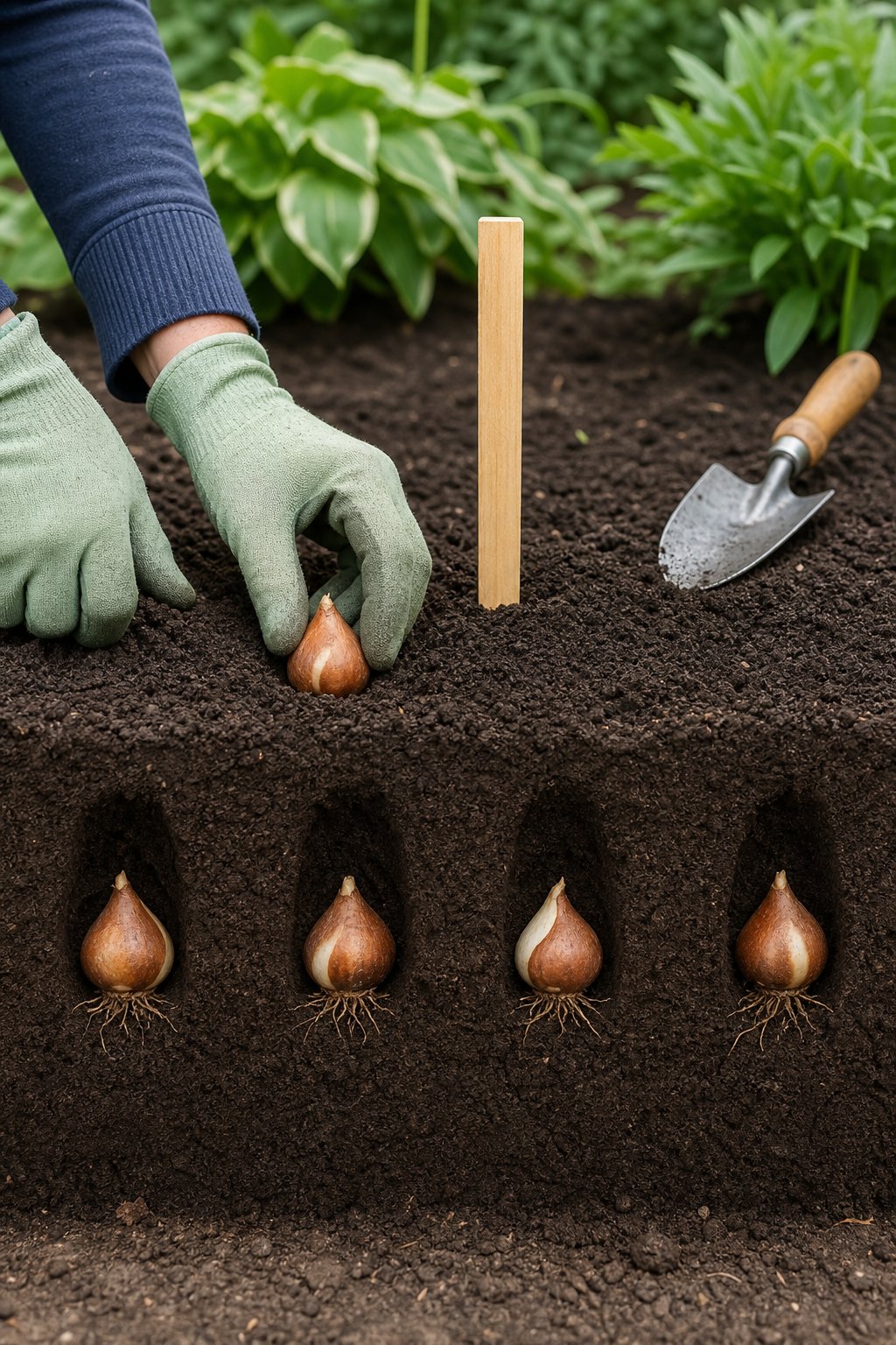 Gloved hands plant tulip bulbs evenly spaced at a consistent depth in a garden bed.