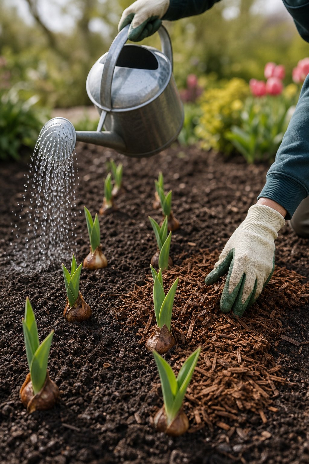 A gardener waters newly planted tulip bulbs while spreading mulch around the emerging shoots.