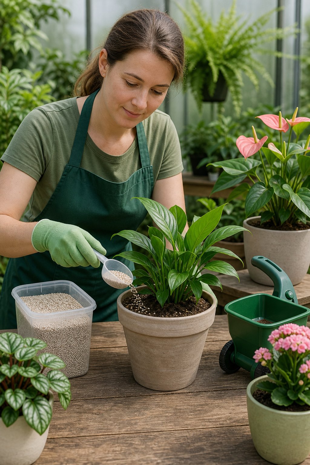 A gardener wearing gloves carefully measures fertilizer beside healthy potted plants.