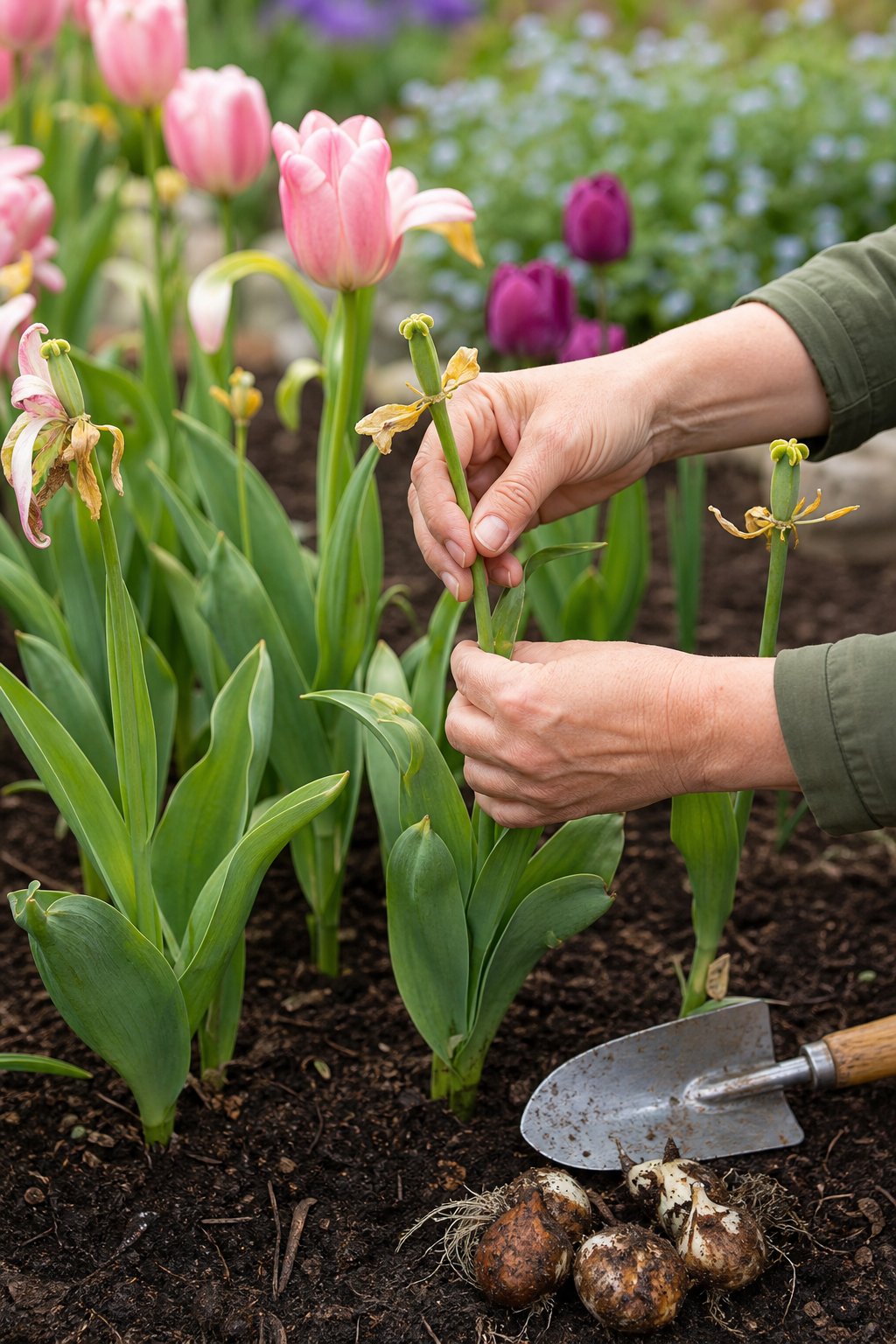 A gardener removes faded tulip flowers while green leaves remain in a garden bed.