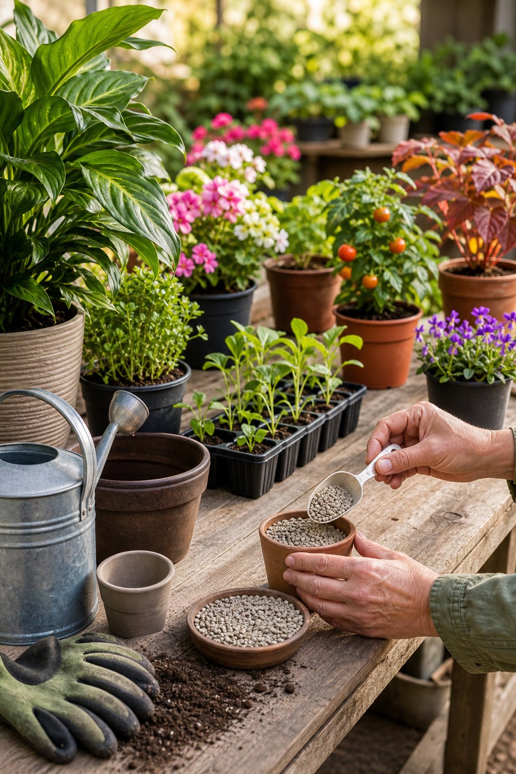A gardener measures fertilizer beside a variety of healthy potted plants on an outdoor potting bench.