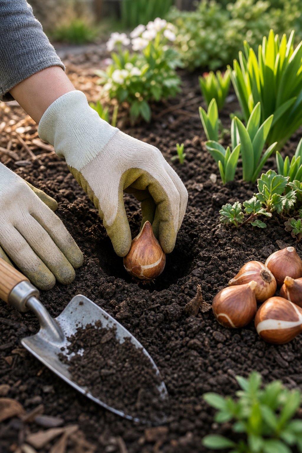 Gloved hands planting a tulip bulb in a garden bed with a trowel and extra bulbs nearby.