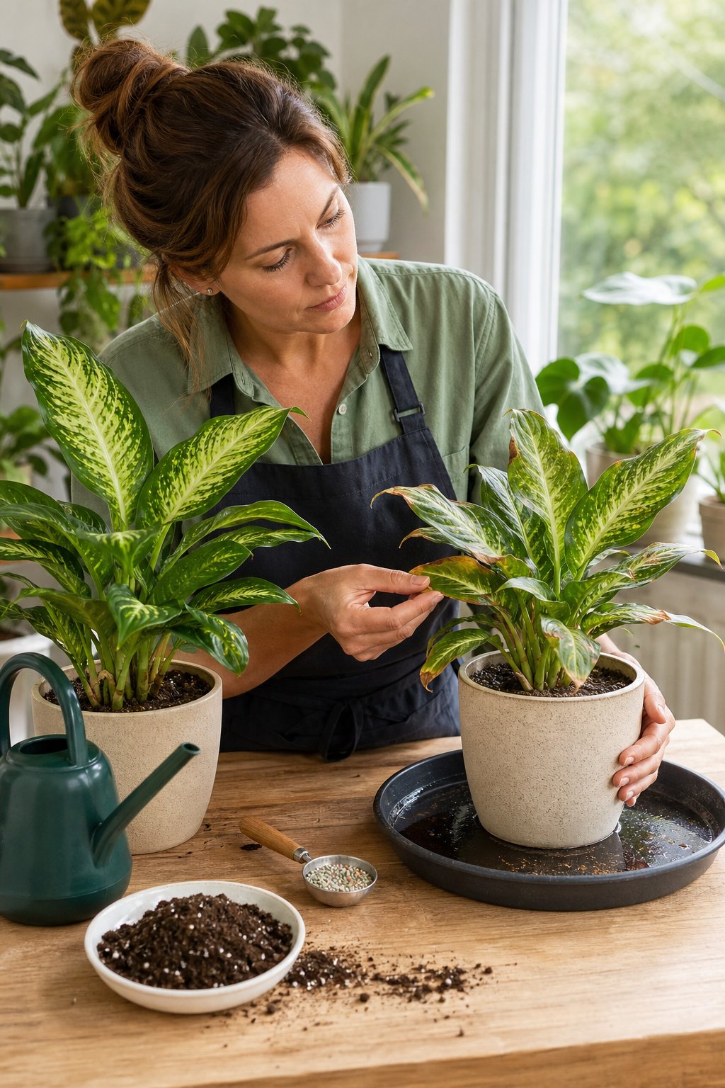A gardener examines potted plants and measures fertilizer beside gardening supplies.