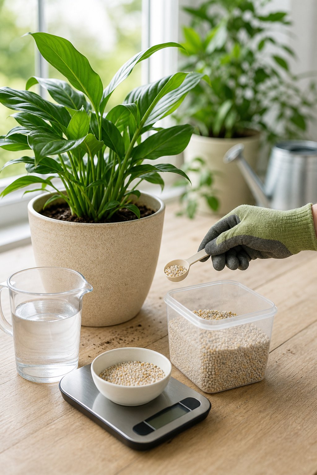 A person measures fertilizer beside a healthy potted plant and gardening tools.