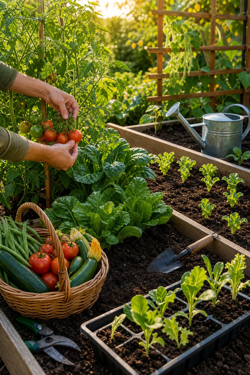 A gardener harvests vegetables beside newly planted seedlings in a sunny garden.