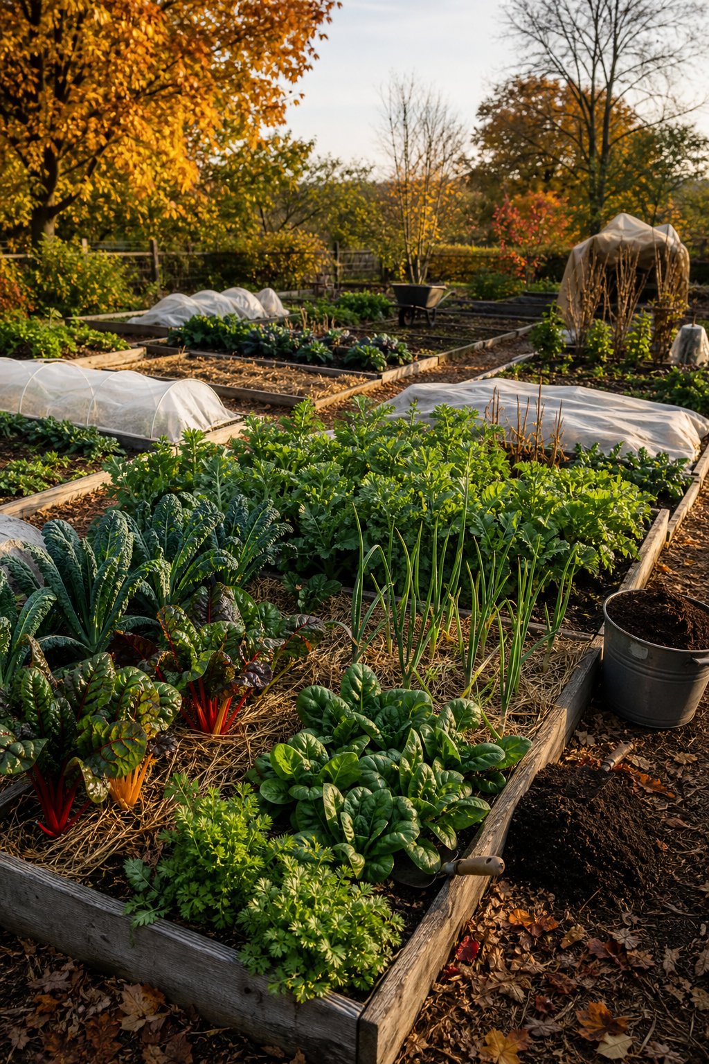 A prepared autumn vegetable garden with cool-season crops, straw mulch, and frost protection.